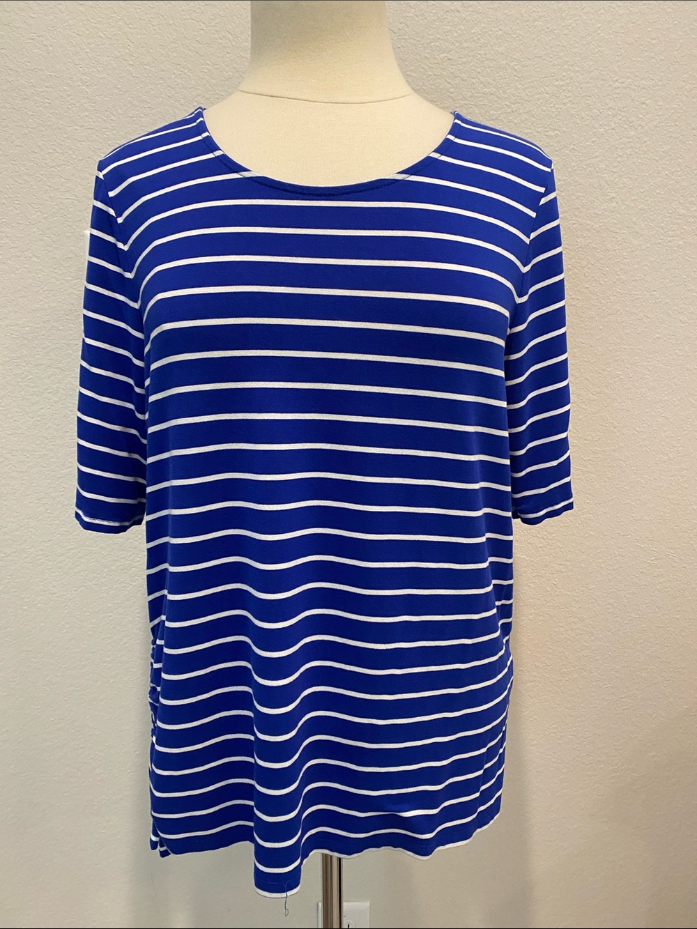 Chico's Royal Blue and White Striped Short Sleeve Tee Gathered Side Large